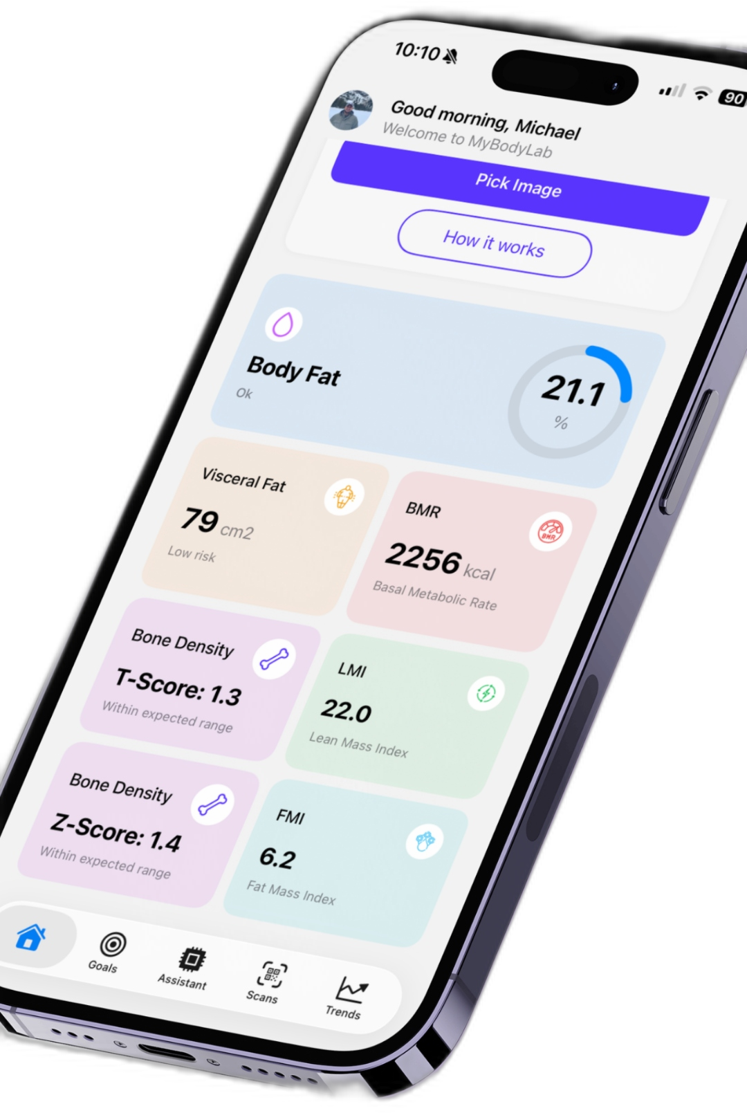 MyBodyLab app on iPhone showing body composition results